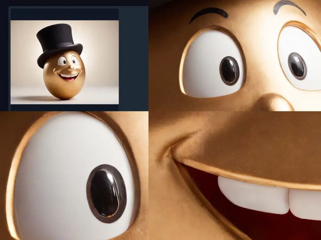 An example of an image generated with a prompt: "A golden egg with a laughing human face on it, wearing a tophat, isolated on white background".