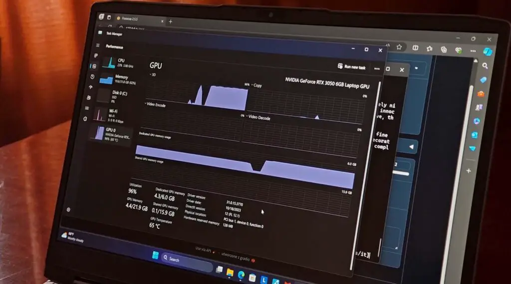 Stable Diffusion Fooocus WebUI running on a Lenovo LOQ 15 laptop with an NVIDIA RTX 3050 6GB GPU.