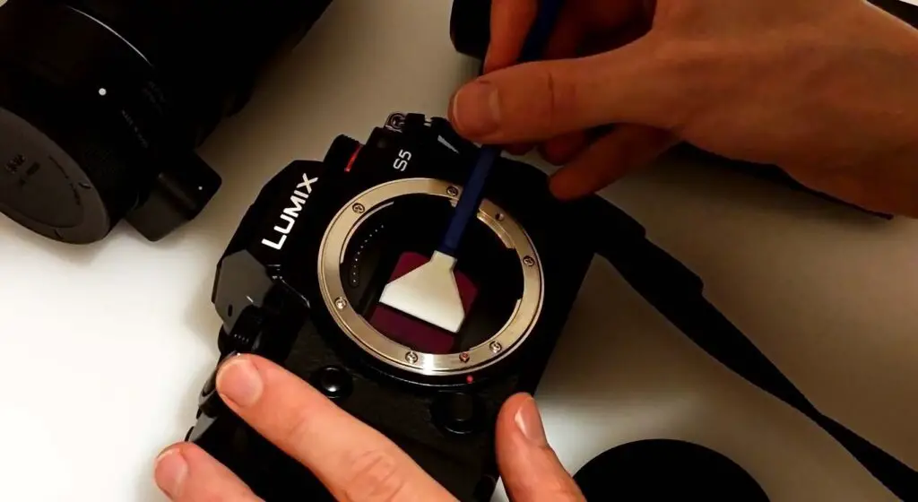 Cleaning the camera's sensor using the swabs.