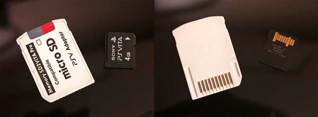 SD2VITA microSD card adapter and the original Sony PSVita memory card.