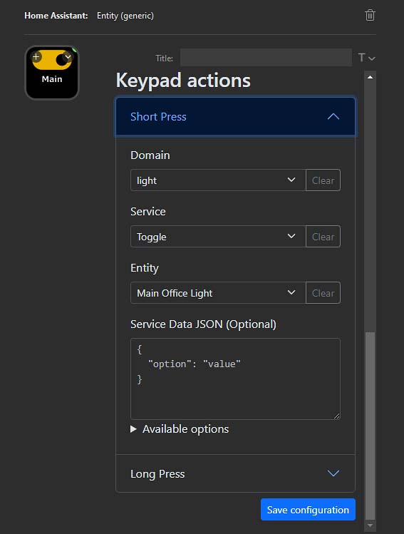 Configuring the button short press action to toggle the selected light entity.