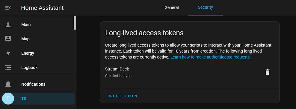 Creating a long-lived access token in the "Security" tab in the HA profile page.