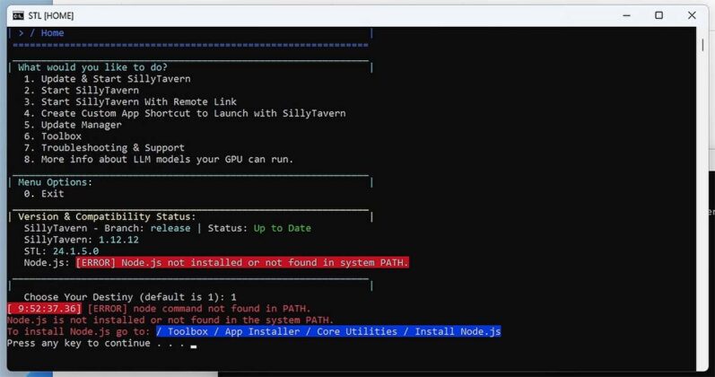 SillyTavern "Failed to start server" & "Node command (...)" Errors ...