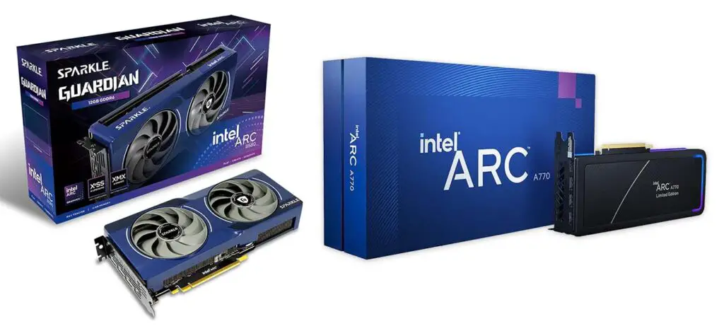 Intel Arc B580 Guardian GPU version from Sparkle (left), and the Intel Arc A770 Limited Edition model (right).