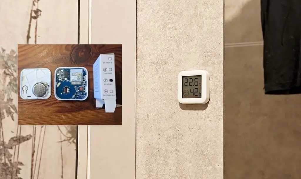 Tuya ZY-ZTH02 temperature & humidity sensor on the wall, plus a peek inside the device.
