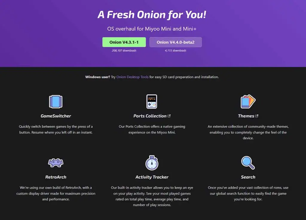Onion OS features showcase official website snippet.