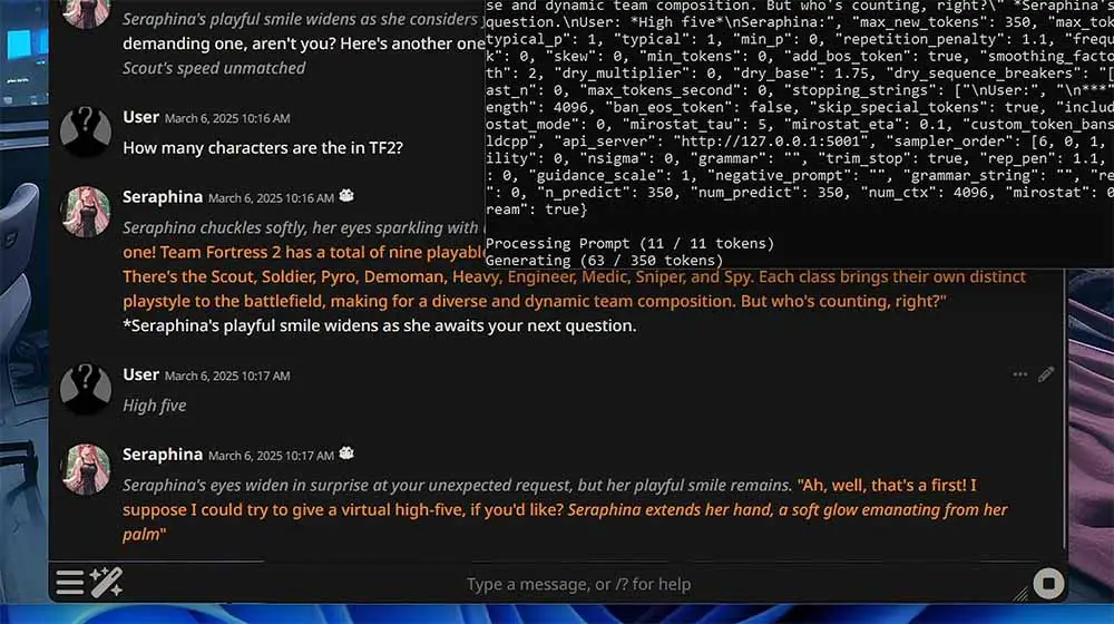 Local LLM inference example: KoboldCpp software running with the SillyTavern frontend.