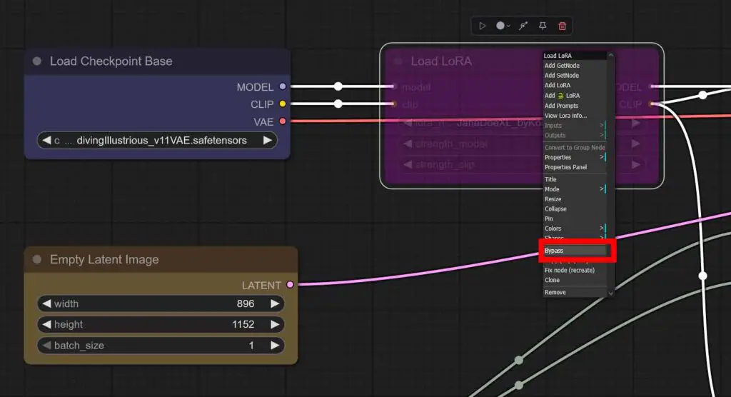 The bypass option in the Load LoRA node settings menu.