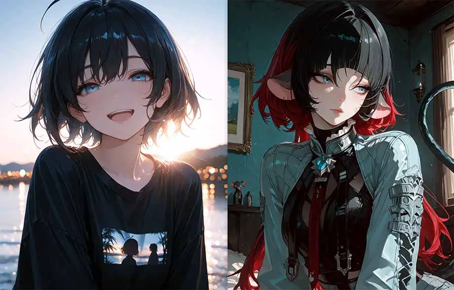 Two images generated using the Diving Illustrious XL Anime checkpoint. Example with and without LoRA model styling.