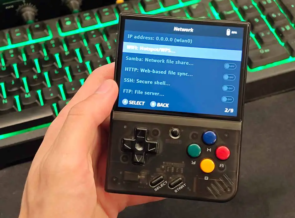Enabling the HTTP file sync in the network setting on the Miyoo Mini.