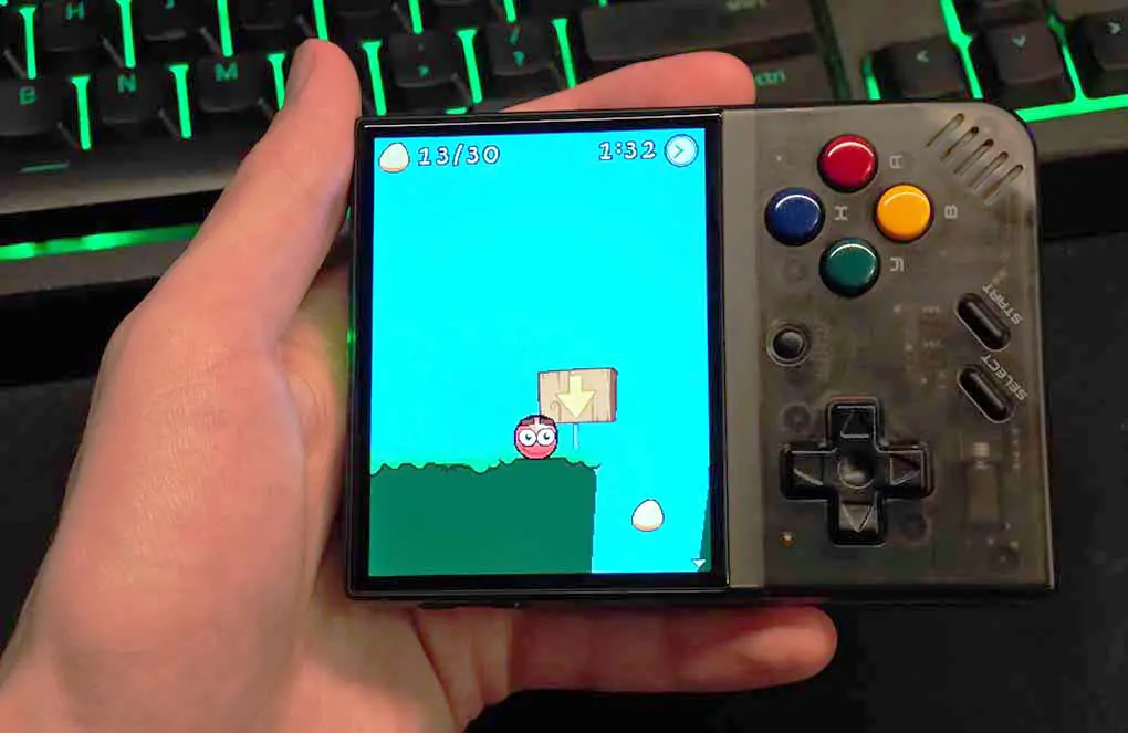Java game "Bounce Tales" running on a Miyoo Mini Plus handheld.