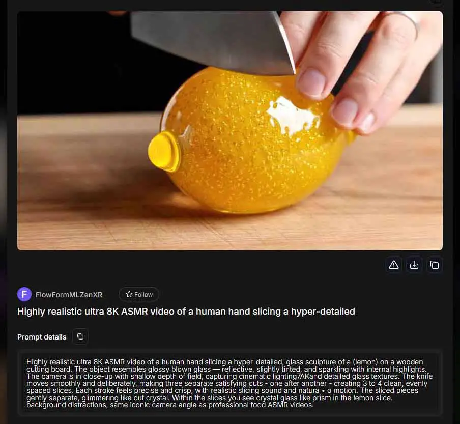 Veo 3 AI fruit cutting ASMR video example prompt.