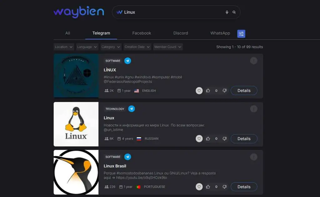 Waybien telegram search engine sample results.