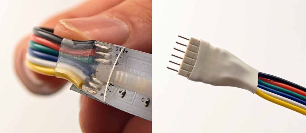 A closeup of both the 6-pin connector cable ends.