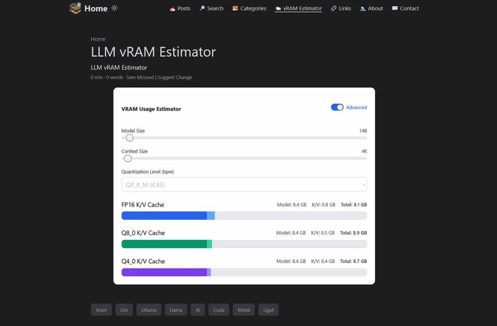 Sam McLeod's LLM VRAM estimator interface.