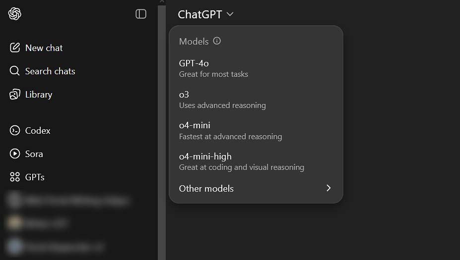 OpenAI web interface models list before the GPT-5 rollout.