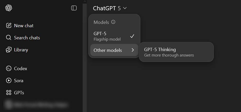 The GPT-5 and GPT-5 Thinking models in the OpenAI web interface.