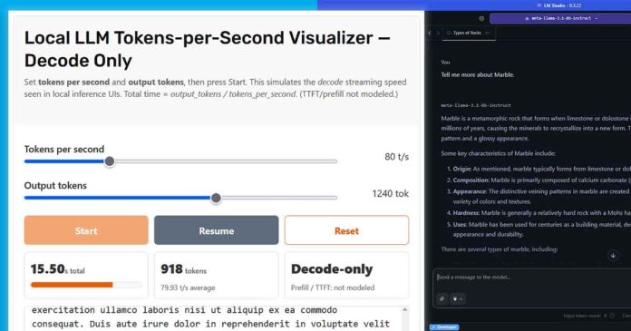 Local LLM Tokens per Second (t/s) Visualization Simulator Tool
