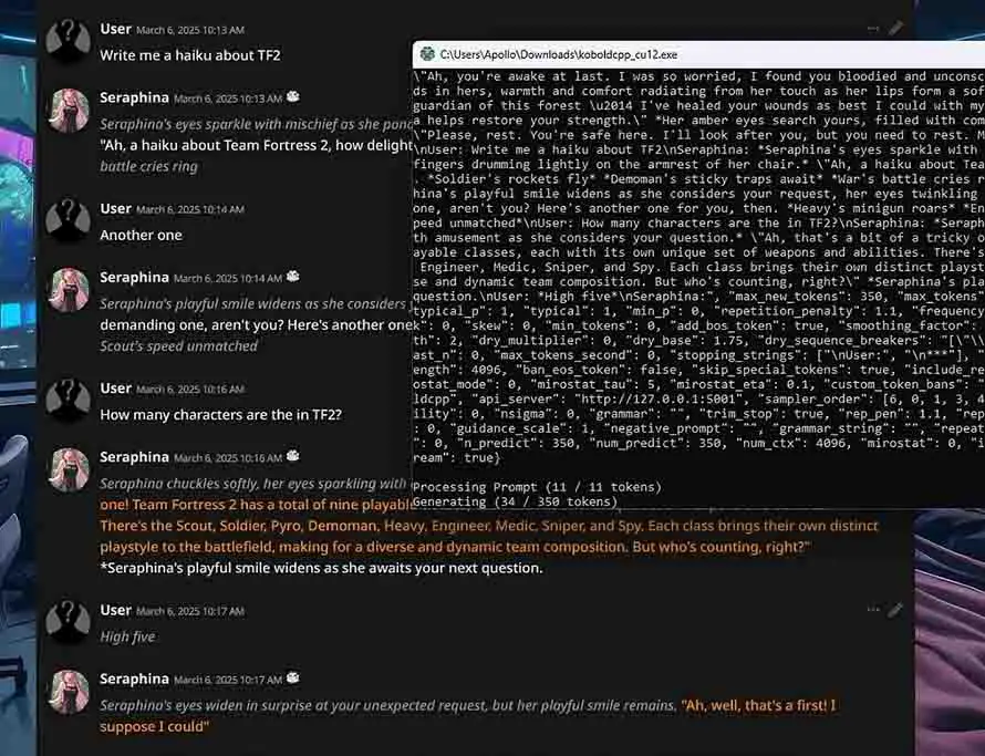 SillyTavern with KoboldCpp used for local LLM inference in an AI roleplay scenario.