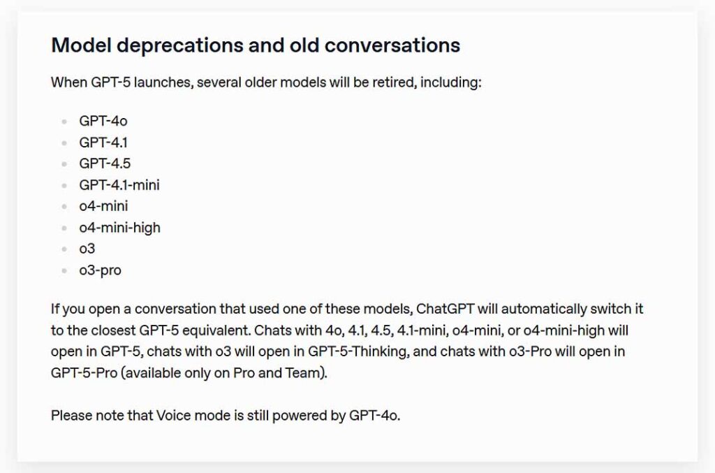 A snippet from the official GPT-4o and o3 model family deprecation notice after the launch of GPT-5.