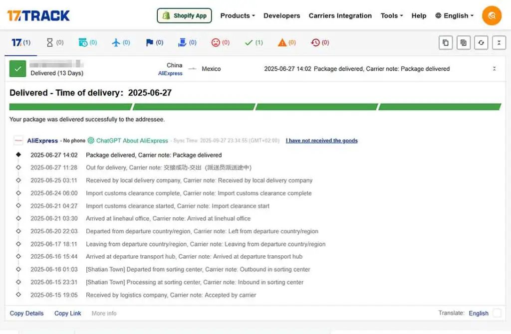 The 17Track website displaying the status of an example AliExpress package