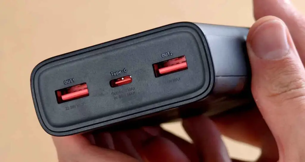 Close-up view of the USB-C and USB-A ports on the bottom of the T130LP power bank.