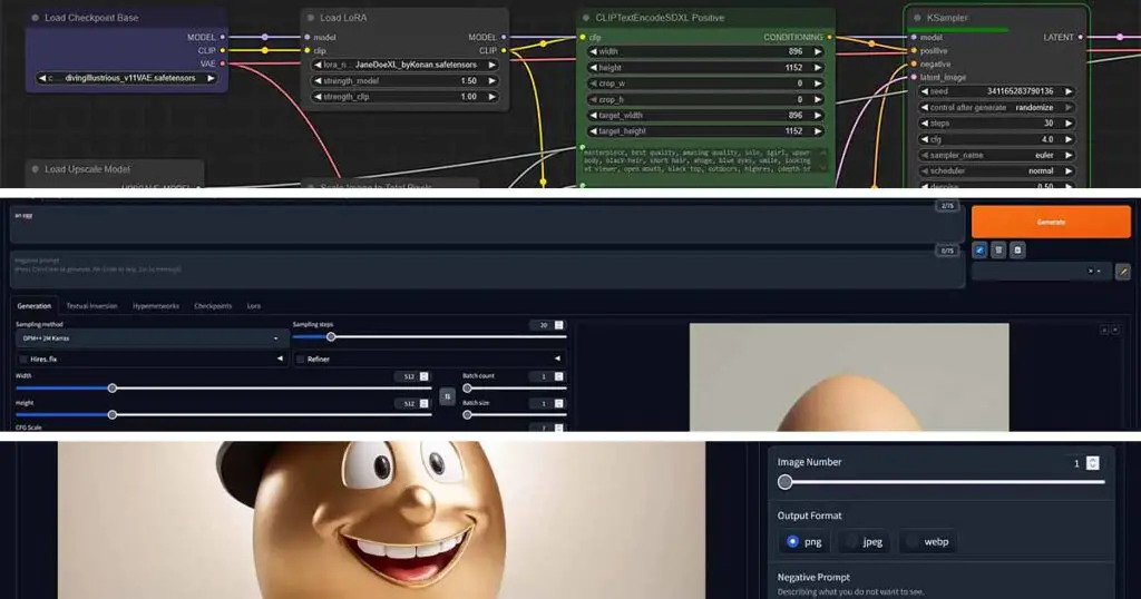 ComfyUI, Automatic1111 and Fooocus Stable Diffusion WebUI software snippets.