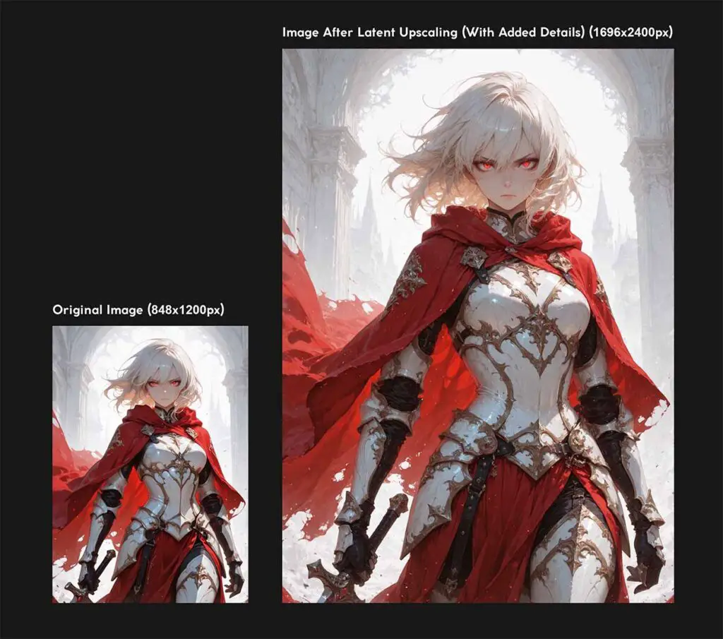 An AI image upscale example introducing new details into an existing low-resolution image.