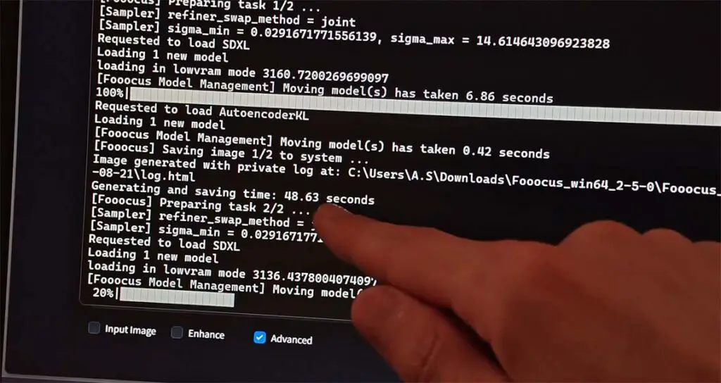 A ~50 second image generation time using the Fooocus WebUI software on a Lenovo LOQ 15 laptop with an RTX 3060 on board.