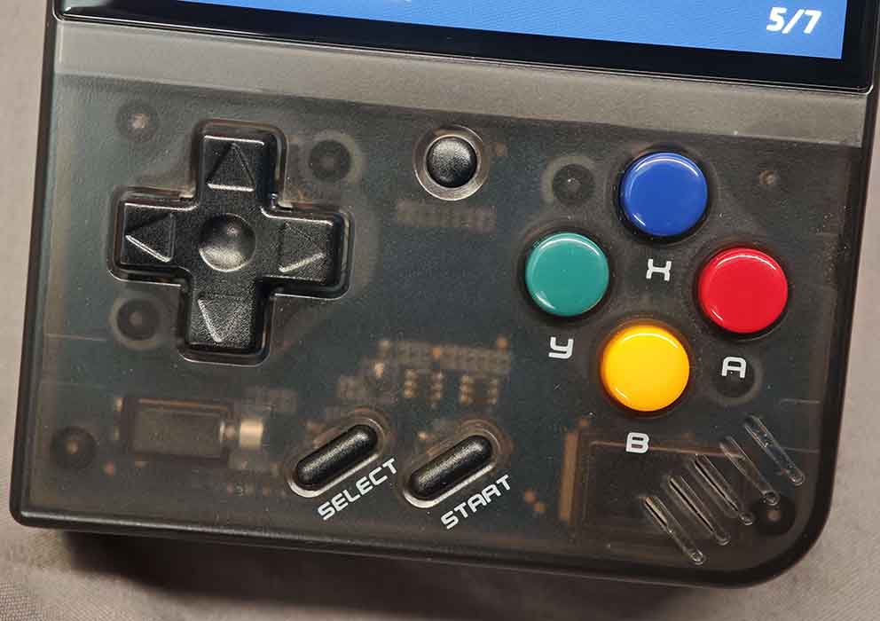 The front buttons on the Miyoo Mini Plus, closeup shot.