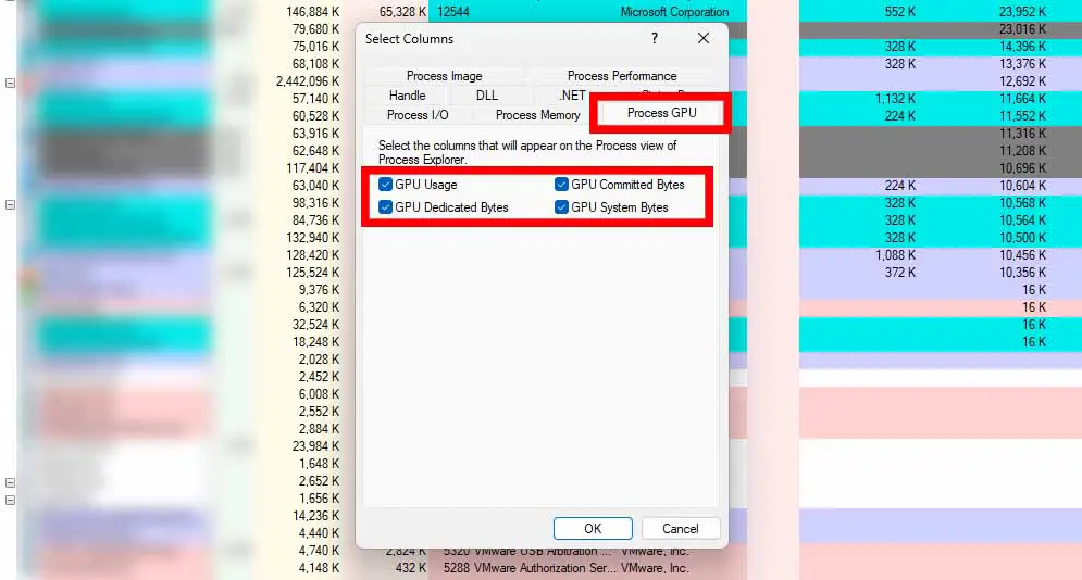 Choosing the new columns to display in the "Process GPU" tab of the "Select Columns" menu.