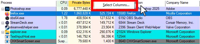 Clicking on the the "Select Columns" context menu on the top bar.