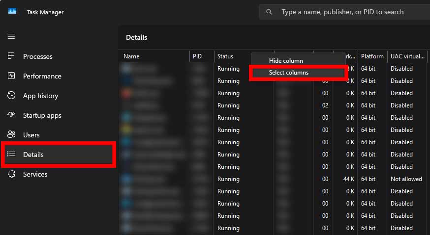 Accessing the "Select columns" menu in the "Details" tab of the Windows Task Manager.