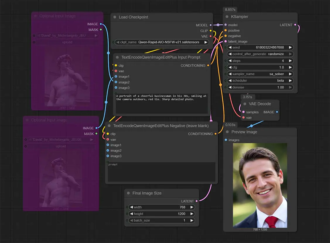 The first application of the workflow - a simple text-to-image pipeline, with the image input nodes bypassed.