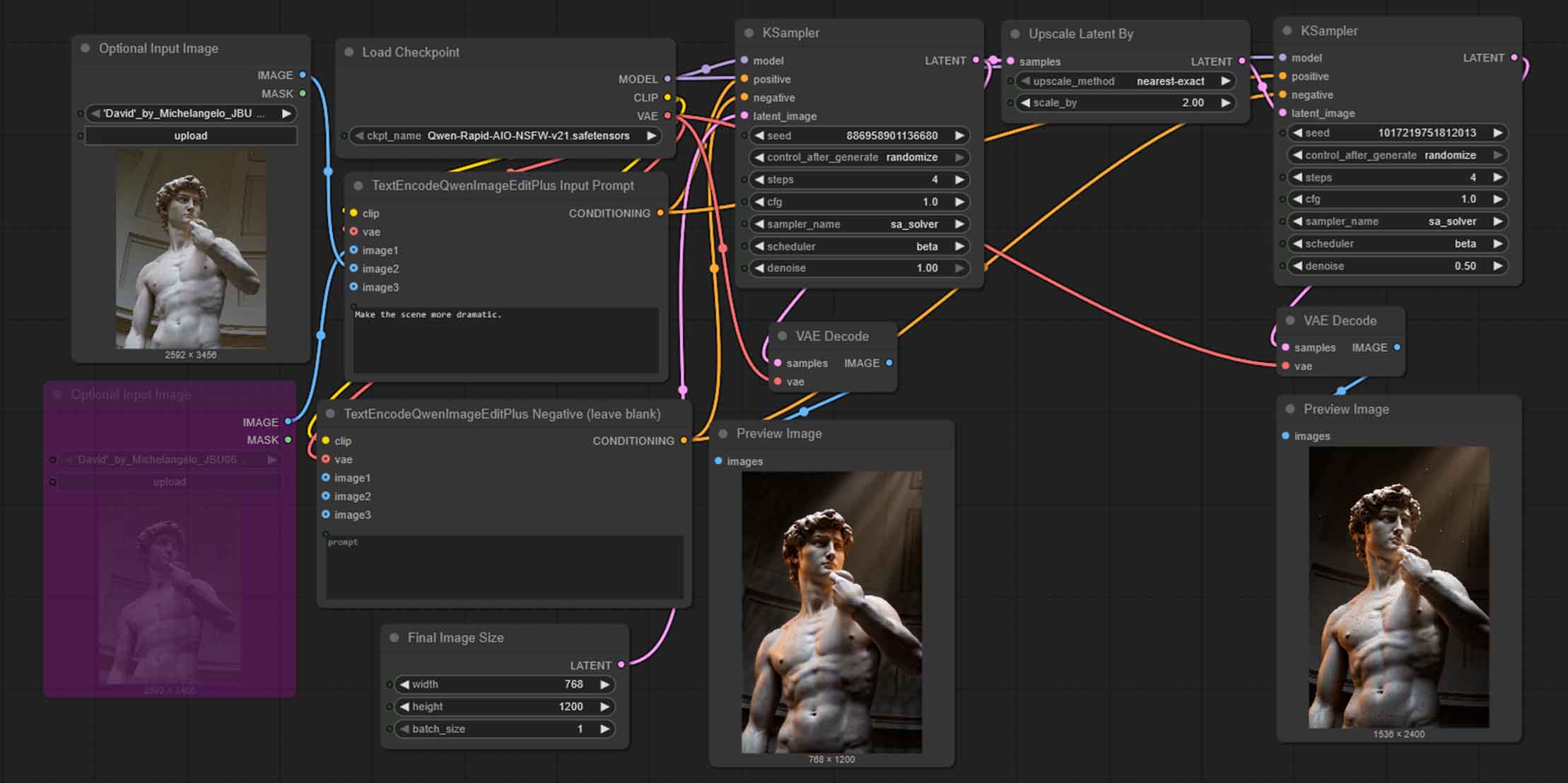 An expanded version of the base workflow with a second sampler pass, making it a simple 2x latent upscaling pipeline.