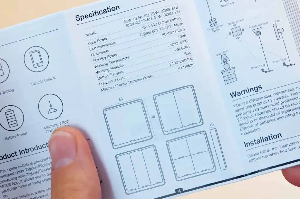 Different versions/variations of the Moes ESW-0ZAA-EU button shown in the instruction manual.