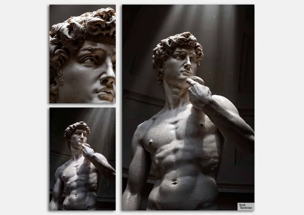 Original (bottom left), and 2x latent upscaled image (right), alongside the fine detail crop from the enlarged version (top left).