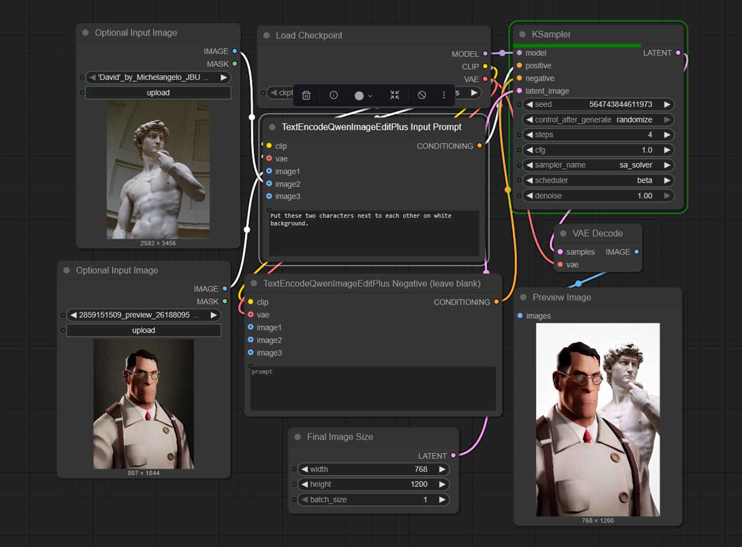 The last, third example - a multi-input image-to-image workflow, merging two image inputs together.
