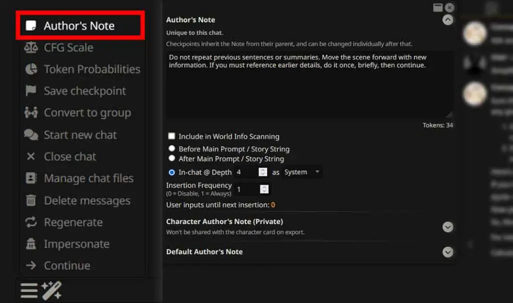 The "Author's Note" functionality settings in SillyTavern.