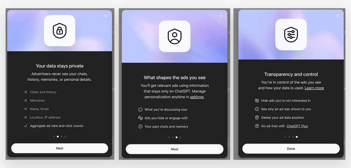 ChatGPT beta app user ad onboarding information snippets.