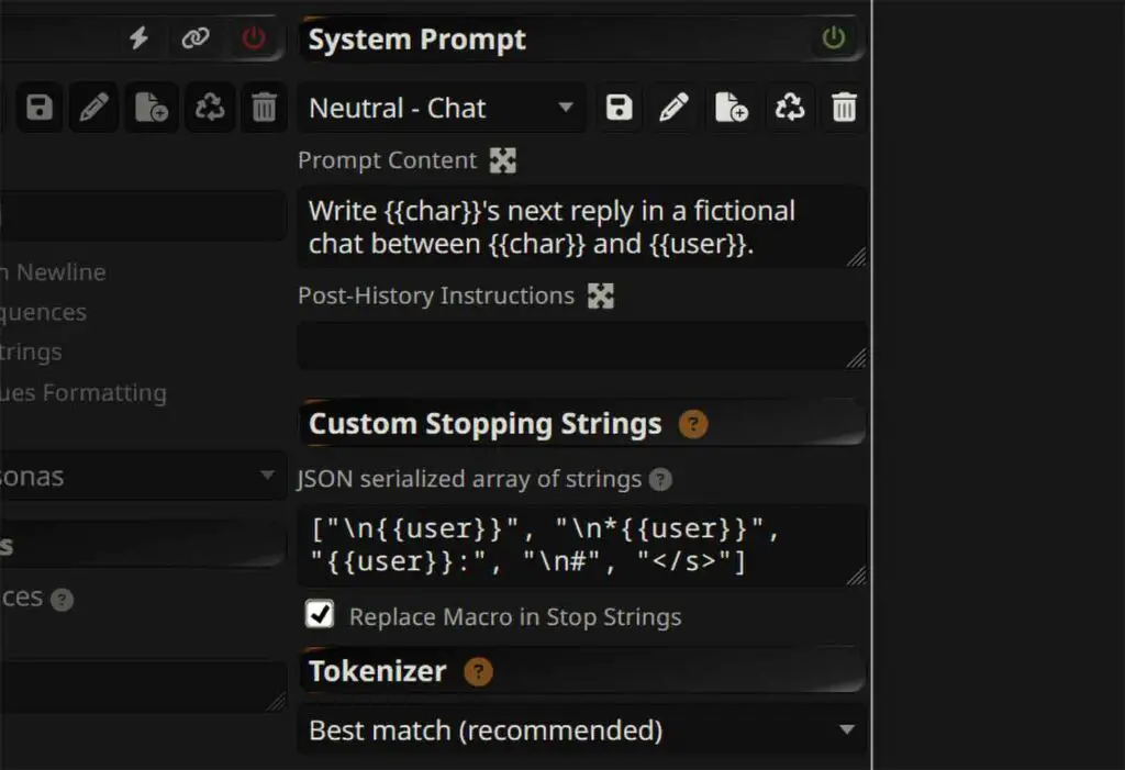 Custom stopping strings in SillyTavern matching the loaded model template.