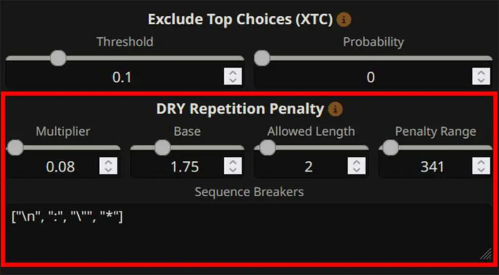 The DRY Repetition Penalty (Do not Repeat Yourself) sampler settings in SillyTavern.