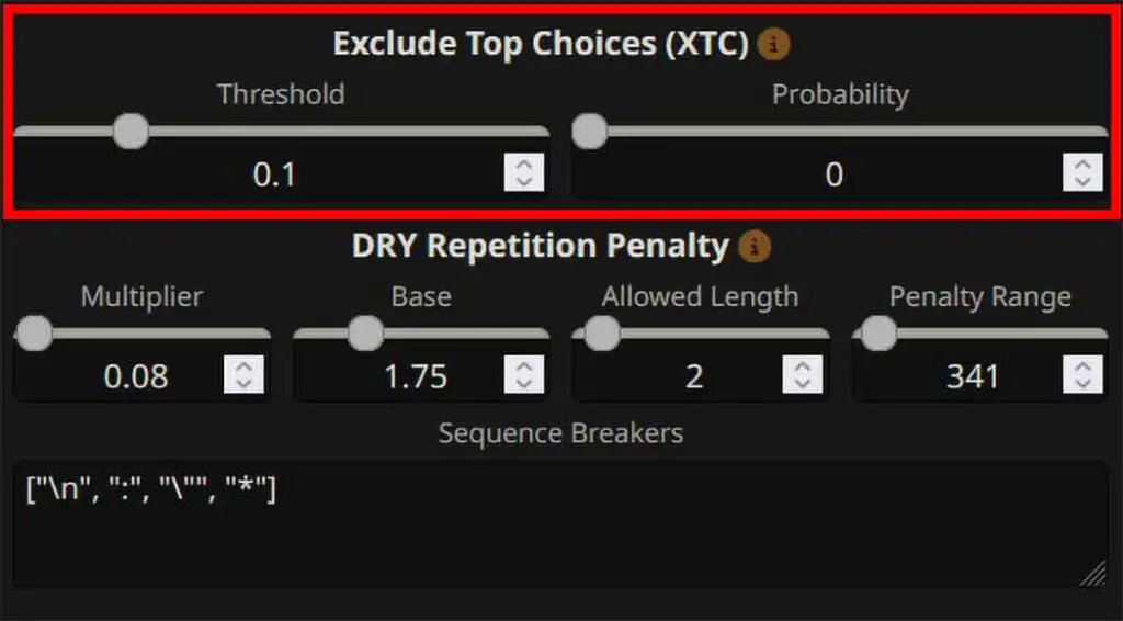 The Exclude Top Choices (XTC) sampler settings within SillyTavern in the disabled state (With probability set to "0").