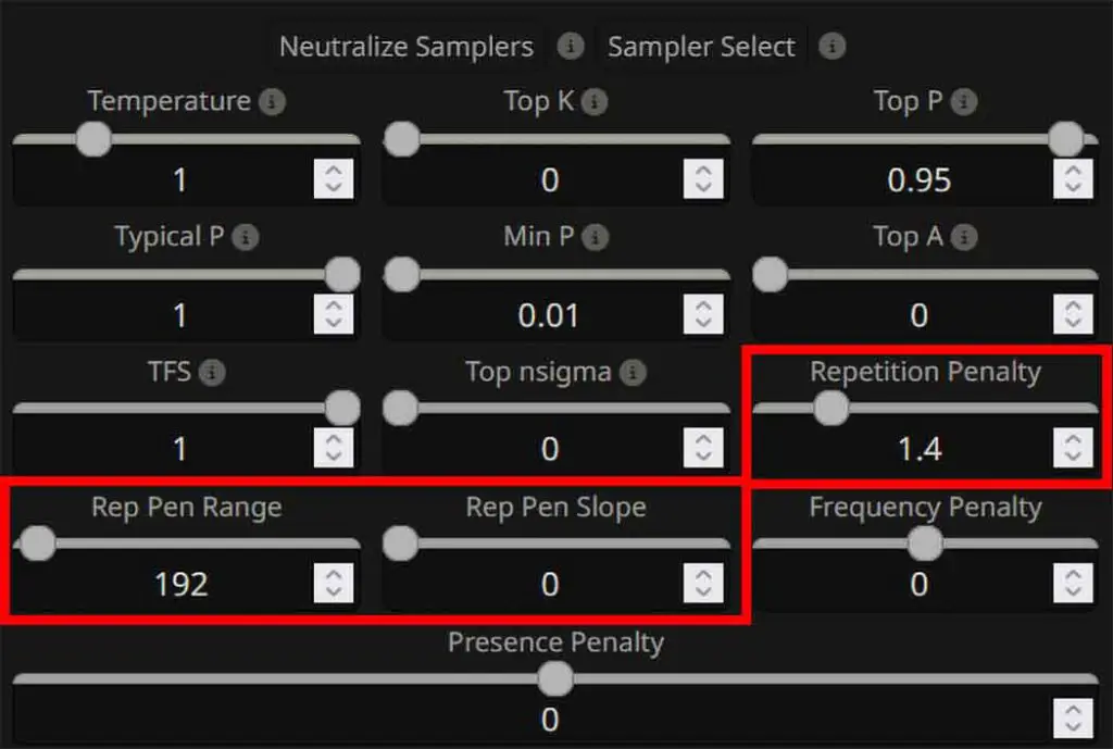 The repetition penalty settings in SillyTavern.
