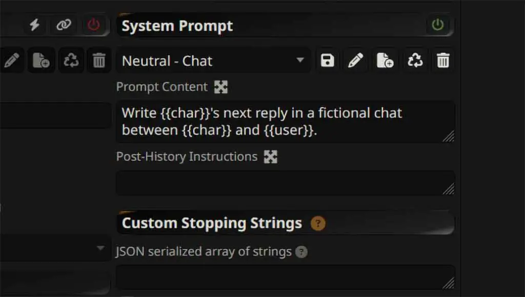 System prompt edit menu open, with a default neutral prompt.