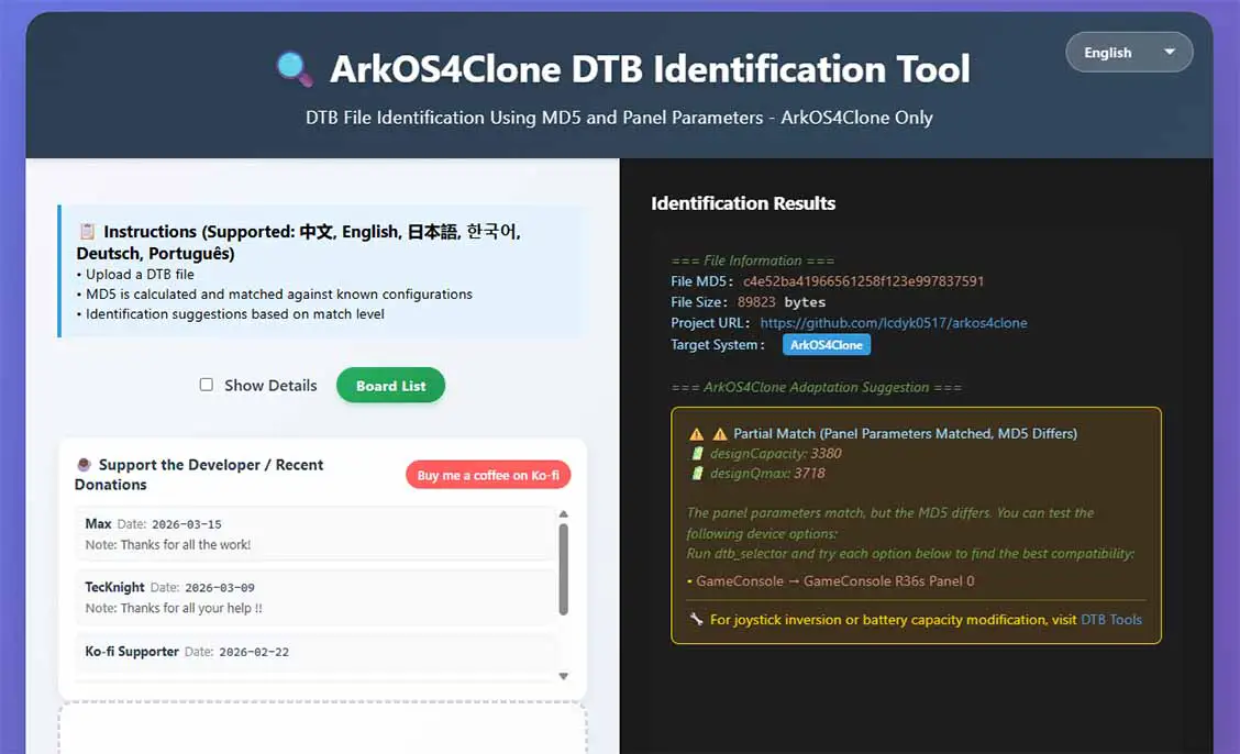 Screenshot of the ArkOS4Clone DTB Identification Tool showing match results for an genuine R36 .dtb file.
