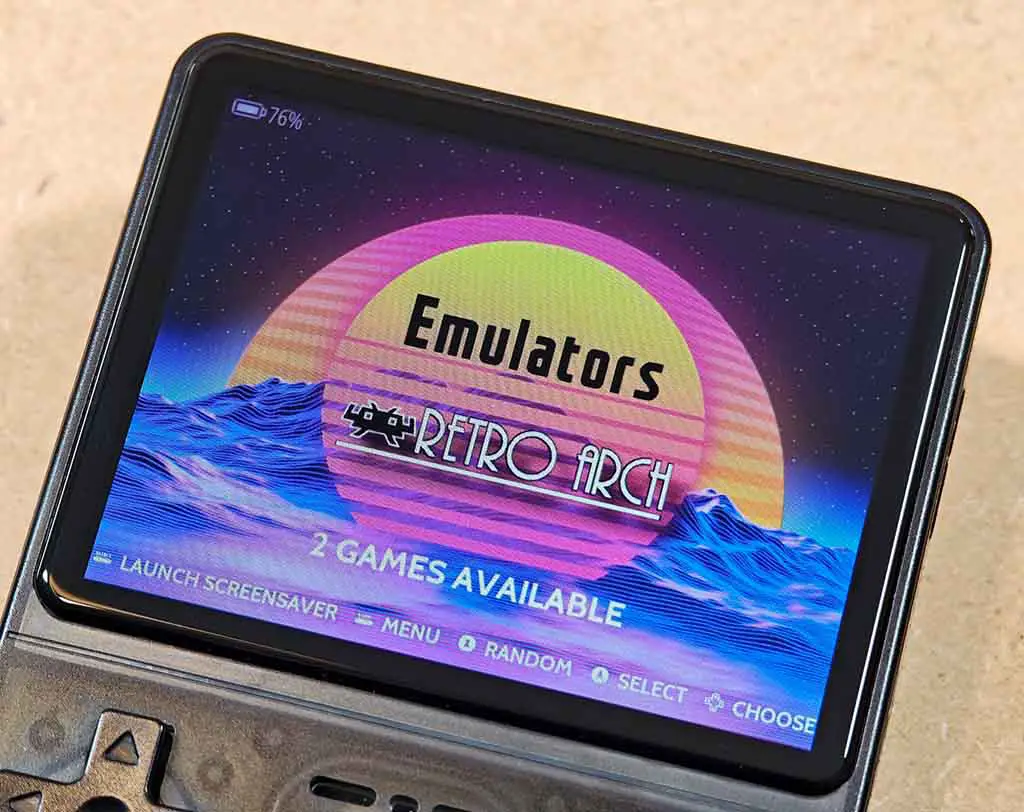 R36S screen showing the default dArkOSRE EmulationStation theme on the RetroArch systems page.