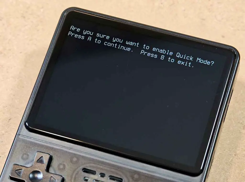 R36S screen showing the confirmation prompt for enabling Quick Mode.