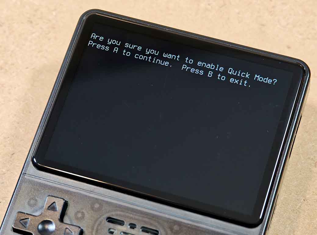 R36S screen showing the confirmation prompt for enabling Quick Mode.