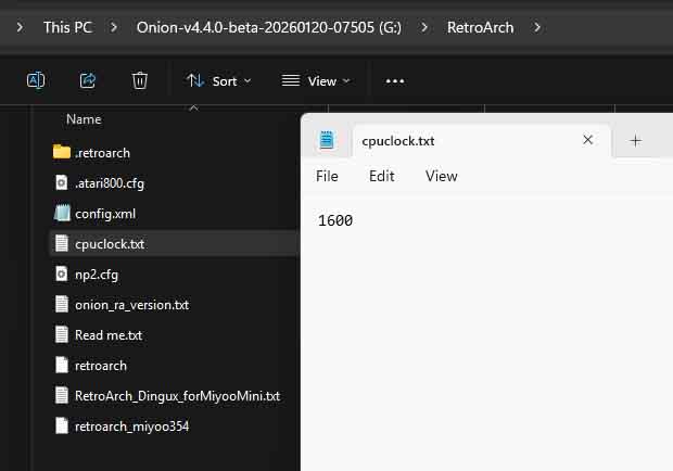 An example cpuclock.txt overclock file in the RetroArch directory on the Onion OS microSD.